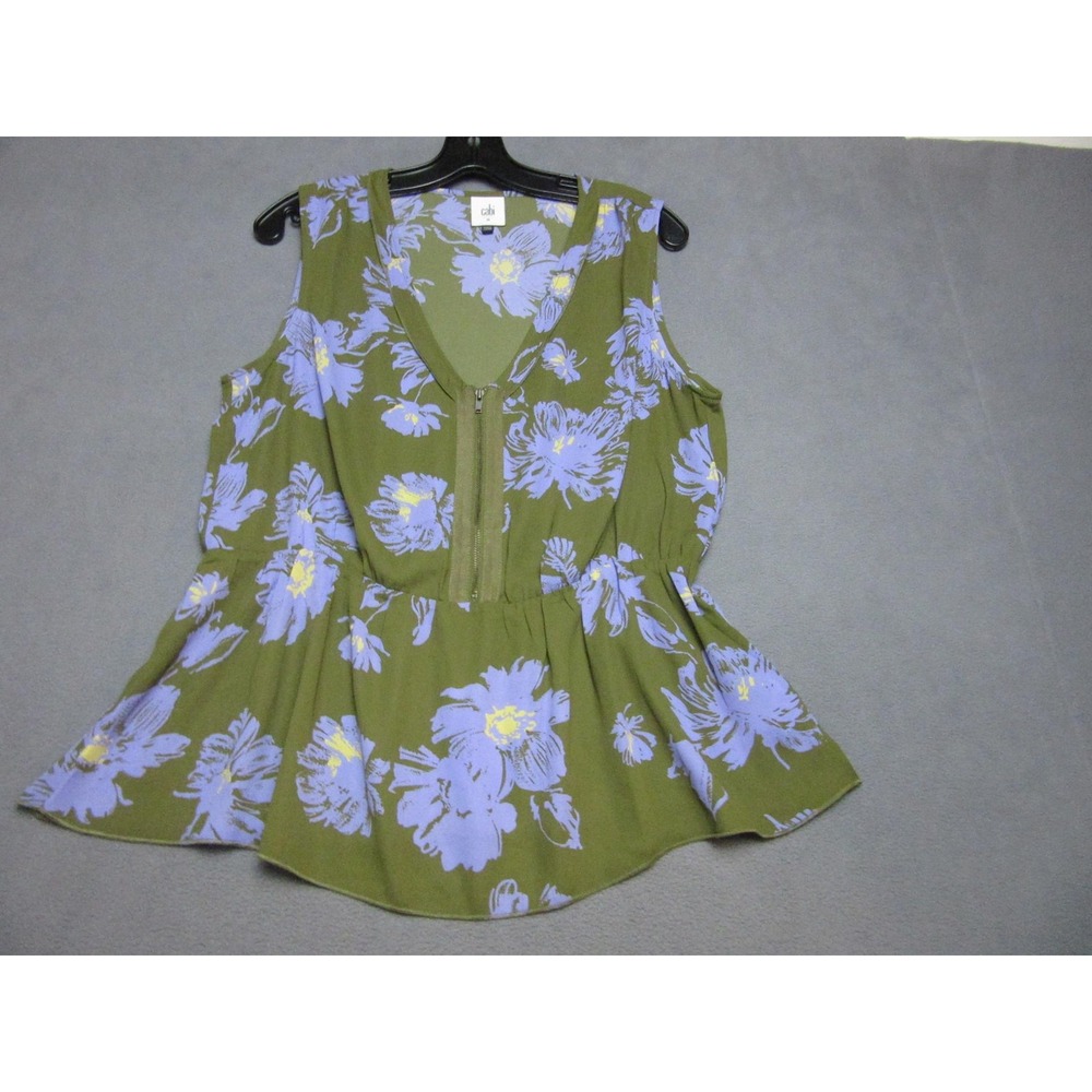 Cabi Blouse Womens Medium Olive Green Purple Floral Zip Front Peplum V-Neck